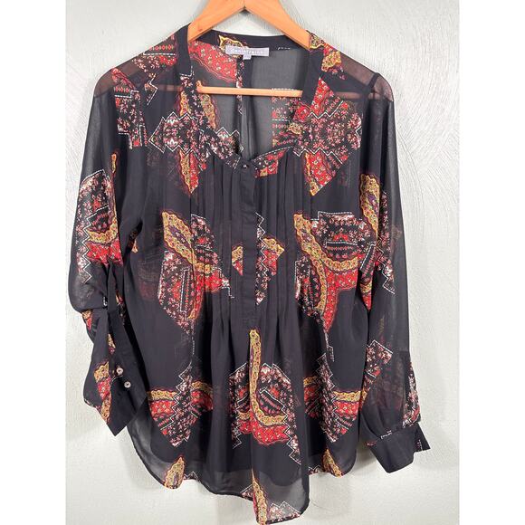 Daniel Rainn Women's Size Large Sheer Black Floral Breathable Long Sleeve Blouse - Picture 9 of 11
